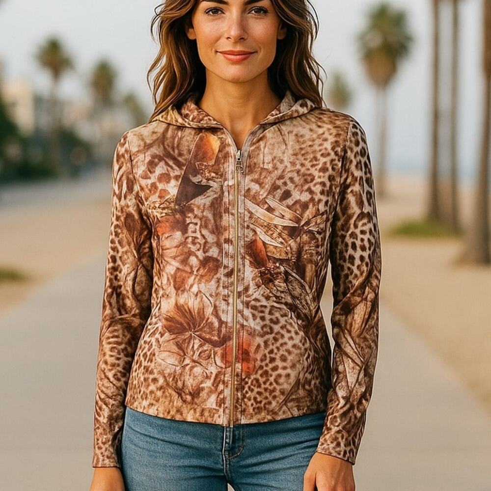 CHRISTOPHER & BANKS Ladies Cheetah Leopard Print Thin Beaded Hoodie ~ Women's M